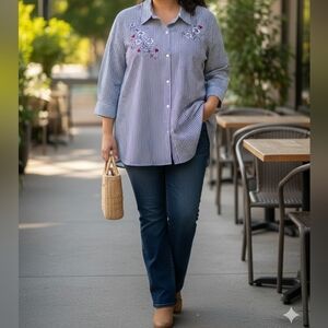 Blair Black and White Striped Shirt With Embroidered Flowers Size 3x